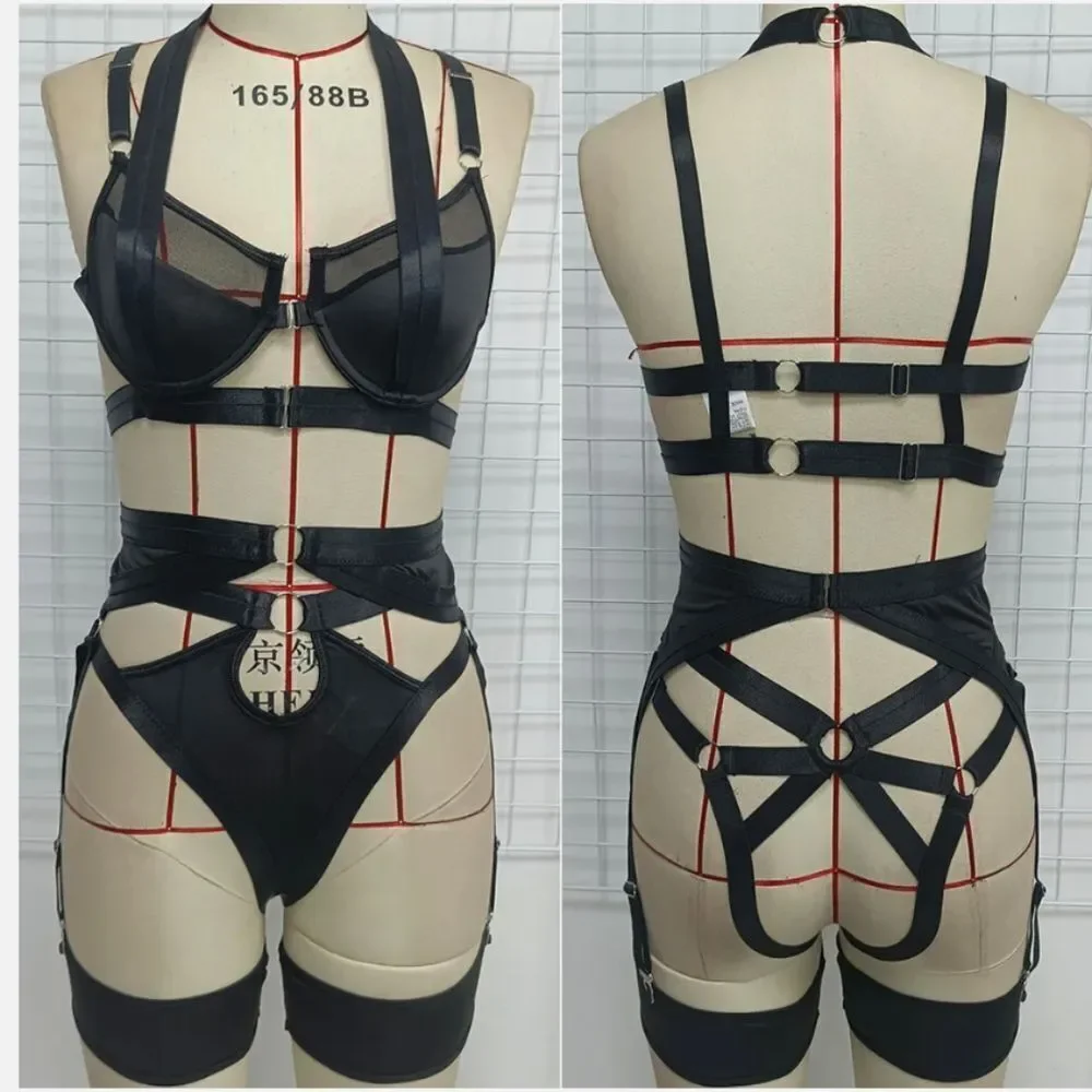 Mesh Sheer Bralette Cutout Thong Garter Belt Thigh Strap 3 Pcs Sexy Lingerie Set